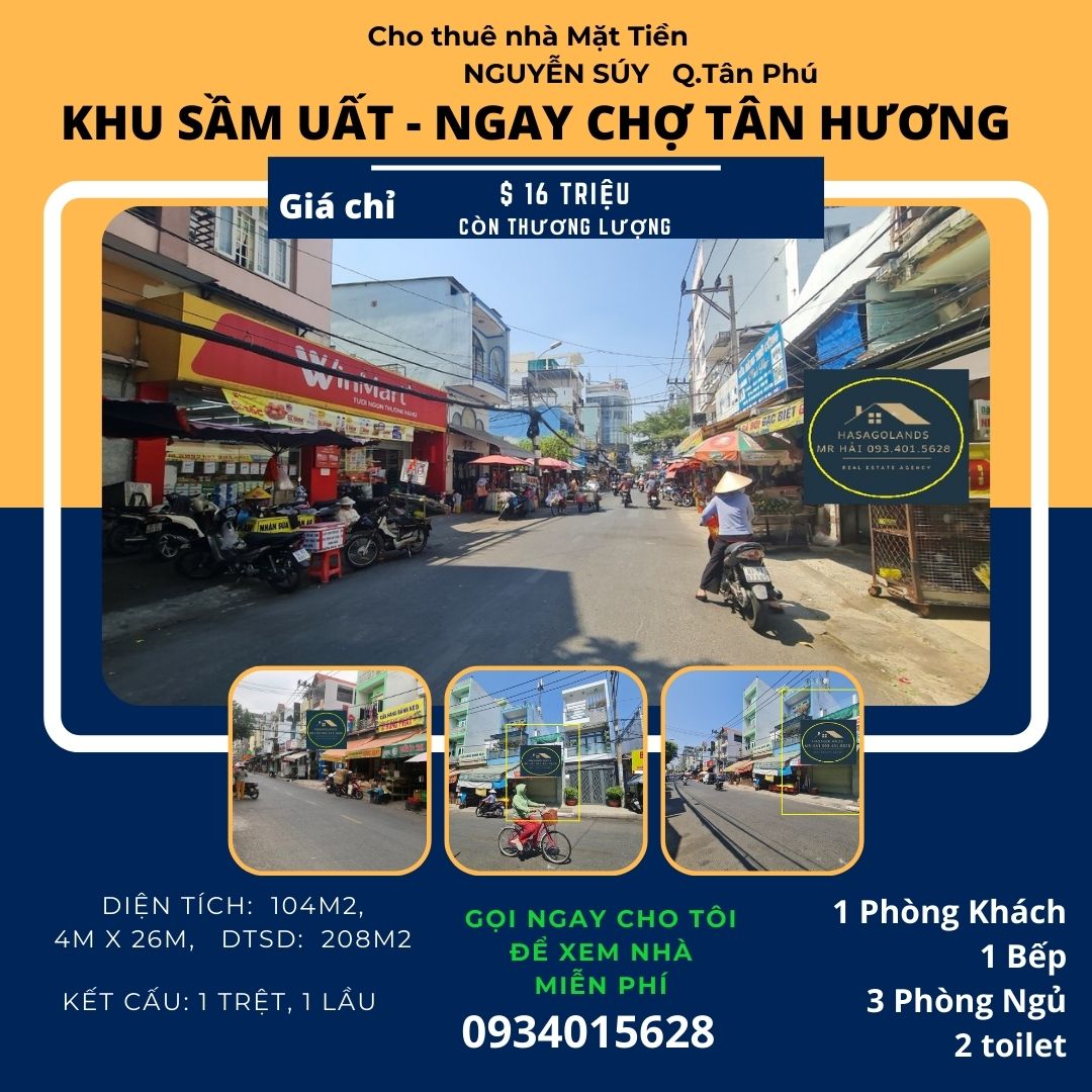 Cho thuê nhà mặt tiền Nguyễn Súy 104m2, 1Lầu, 16 triệu - cạnh CHỢ Tân Hương - Ảnh chính